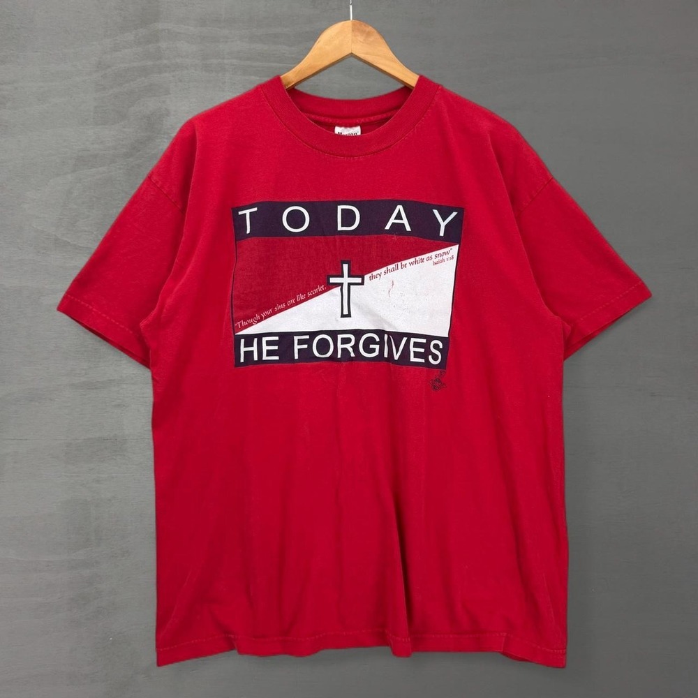 Vintage Tommy Hilfiger Shirt Red Today He Forgives Christian Jesus Tee XL